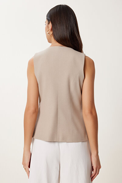 Lovelyİstanbul Stylish Buttoned Linen Vest Mink Lrg0028