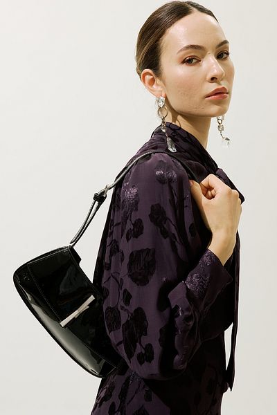 Manuka Patent Leather Buckle Shoulder Bag Black