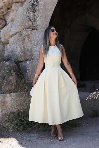 bytugcekaya Yellow Halter Neck Belted Flared Dress