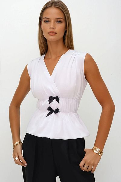 VAGGON Women's White Curved Collar Bow Tie Waist Gathered Sleeveless Knitted Blouse Vs00196
