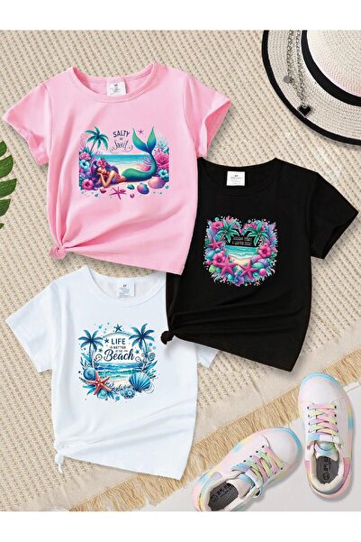 LOUİSA Κοριτσίστικο μπλουζάκι 3 συσκευασιών Mermaid-Starfish-Life Beach με στ...