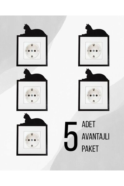 Karenza Home Dekoratif Siyah Kedi Figürlü Priz Süsü | Ahşap Duvar Priz Çerçevesi 5'li