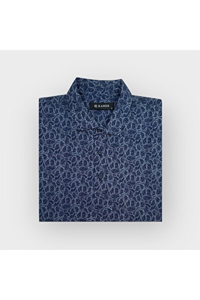 KAMER Modern Fit Shirt Collar Short Sleeve Lycra Patterned Navy Blue T-Shirt 9508L
