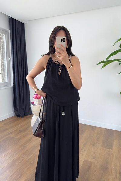 BİRCANÇİL Bonita Black Beaded Strap Skirt Lined Blouse Set