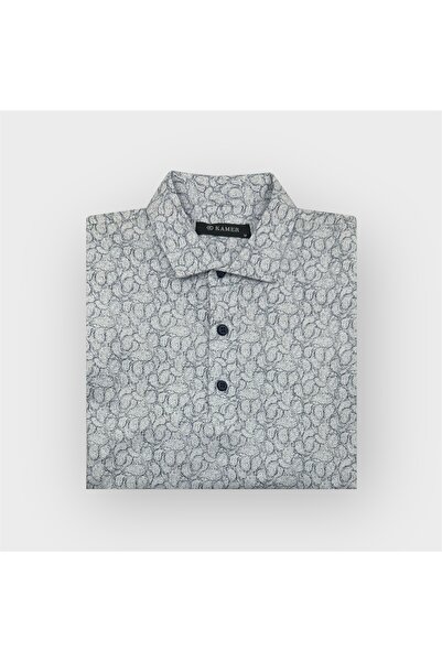 KAMER Modern Fit Shirt Collar Short Sleeve Lycra Patterned White T-Shirt 9508B