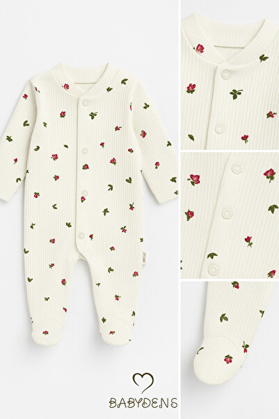 BABYDEN'S Flower Pattern Ribbed Booties Baby Rompers Comfortable Snap Romper for Newborns Ribbed 100% Cotton