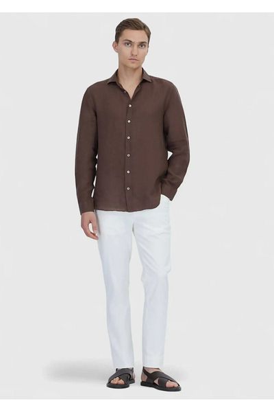 Ramsey Καφέ ίσιο Casual Fit Υφαντό Casual 100% λινό πουκάμισο