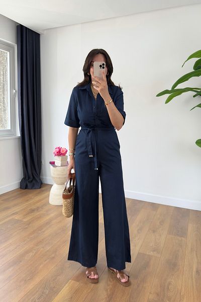 BİRCANÇİL Pani Navy Blue Belted Jumpsuit with Pocket Detail