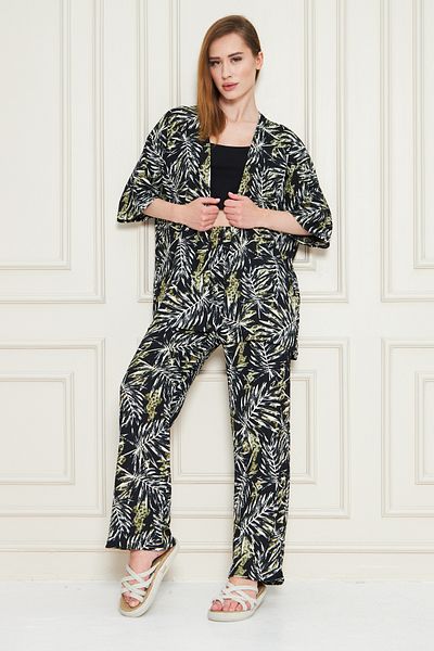 ESPOİRPLUS Women's Green White Leaf Patterned Kimono Set Comfortable Fit