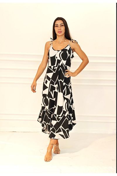 atelyu Women's Thin Strap Tie-Up Black and White Dress