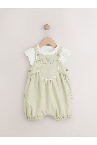 Next Baby 100% Cotton Sage Green Floral Embroidered Jumpsuit Bodysuit Set