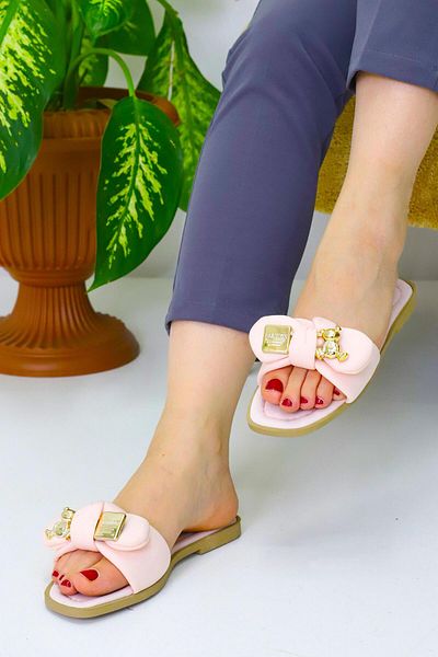 OBAY LİFE Women's Pink Flat Sole Teddy Bear Buckle Slippers Nbr2038
