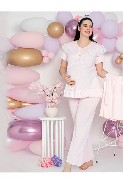 JENİKA Maternity Long Sleeve Collar Open Button Lace Detailed 3-Piece Pajama Set