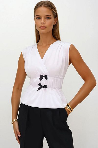 VAGGON Women's White Curved Collar Bow Tie Waist Gathered Sleeveless Knitted Blouse Vs00196