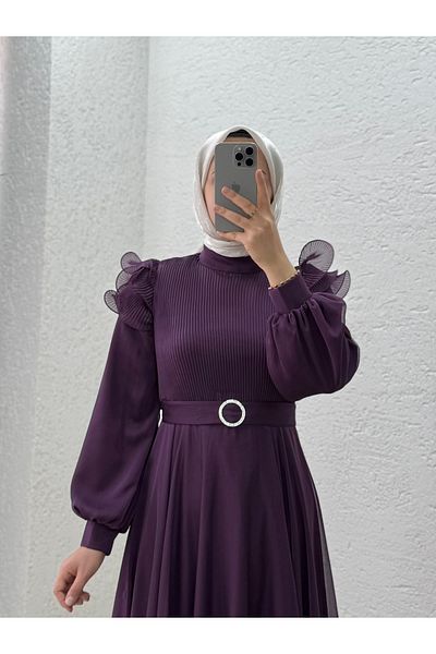 MİHRA STORE Oreleva Shoulder Ruffle Bust Pleated Tulle Dress-Pa9596 Purple