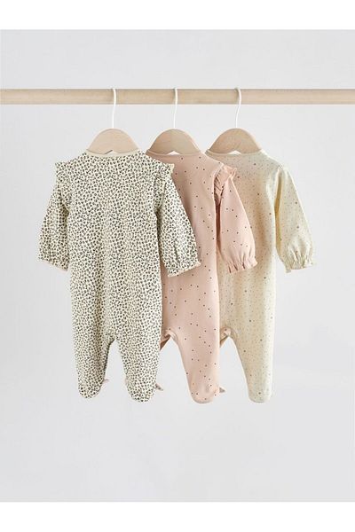 Next Baby 100% Cotton Cream Brown Animal Patterned Hat 3-Piece Sleepsuit Set