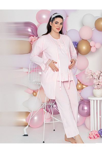 JENİKA Maternity Long Sleeve Collar Open Button Lace Detailed 3-Piece Pajama Set