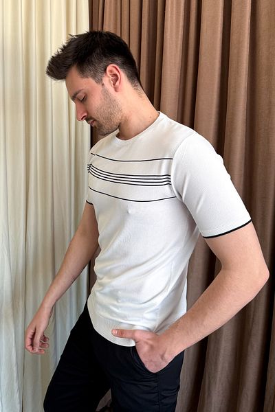ModaPlaza Men's Crew Neck Short Sleeve Striped Knitwear 9250
