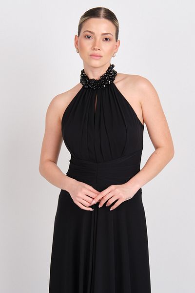 Saygın Women's Halter Neckline and Collar Stone Detail A-Line Maxi Evening Dress 5619 Black