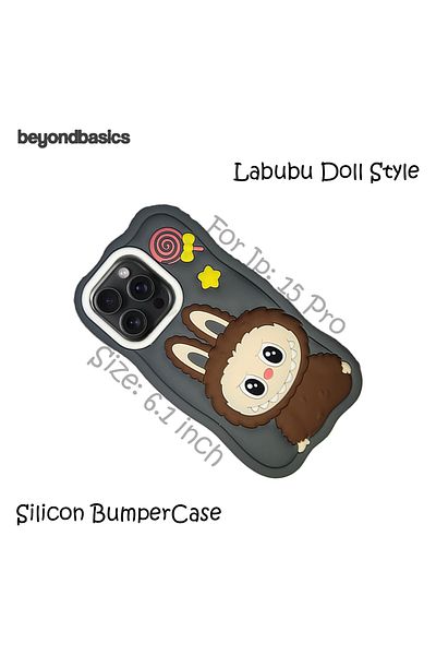 beyond basics Labubu Style Silicone case for iPhone 15 Pro, Silicone Shockproof Cover, Doll Design, Grey, 6.1-Inch