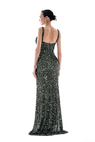 EXPLOSION Payet Kalın Askılı Dekolteli Maksi Boy Abiye Elbise