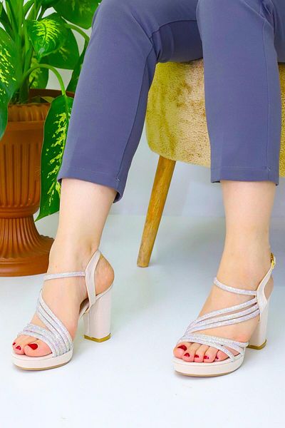 Weynes Women's Beige Stone Striped Platform Heeled Shoes Wsb3050