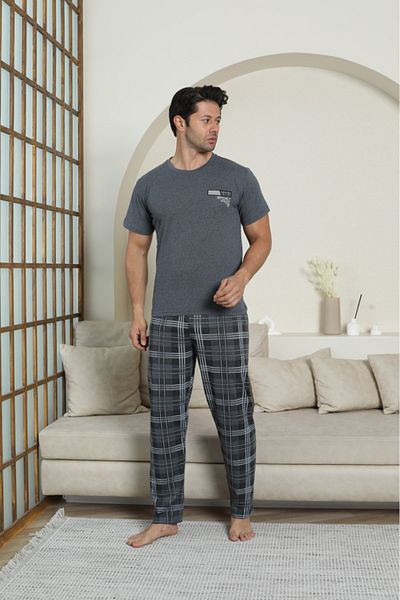 LİLA İÇ GİYİM Men's Plaid Combed Cotton Short Sleeve Pajama Set