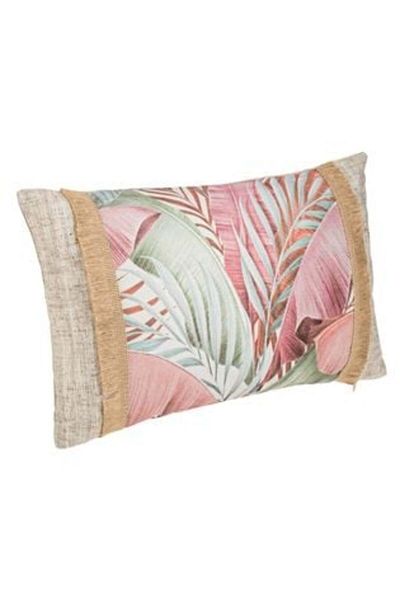 Jumbo Decorative Summer Pillow Ecru Pink with Tropical Leaves & Jute Trim 50 x 30 cm