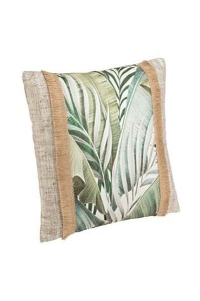 OEM Decorative Summer Cushion Mint Green with Tropical Leaves & Jute Edging 37 x 37 cm