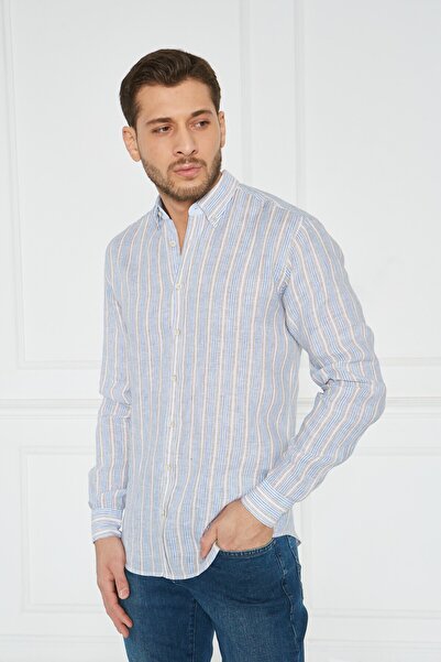Paşahan Giorgianni Collar Button Striped Linen Slim Fit Shirt