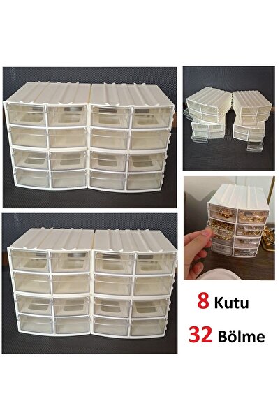 DEKORANLA Şeffaf 8 Çekmeceli 32 Bölmeli Organizer Kutu Mücevher ve Boncuk Sak...