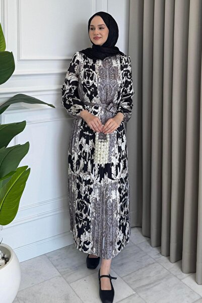 Beige Store Piliseli Desenli Elbise Çiçek Desenli
