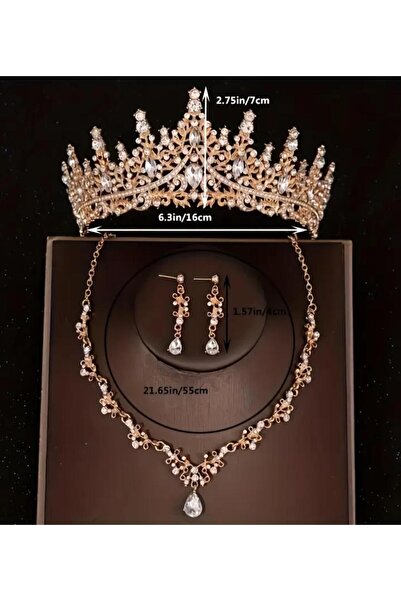 Yıldız Accessory Zirkon Taşlı Işıl Işıl Lüks Gelin Tacı Kolye Küpe Taç Seti Düğün Nişan Kız İsteme Parti Balo