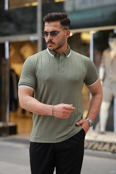 Aymood Men's Button Collar Jacquard Fabric Short Sleeve T-Shirt