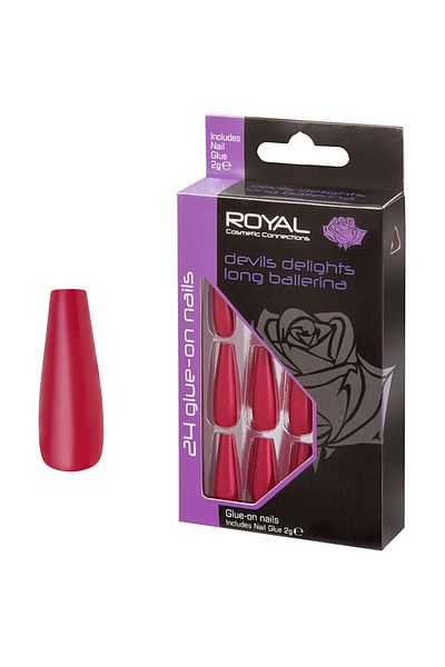 Royal Set de 24 de unghii tip vârf adeziv ROYAL, model balerină lungă Devils Delights, lipici inclus