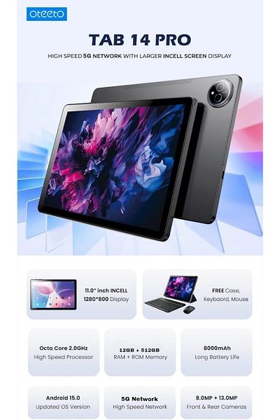 OTEETO TAB14 Pro | Android 15 & 11.0" INCELL 1280x800 Display | 12GB RAM + 512GB ROM | 5G Wi-Fi & 80