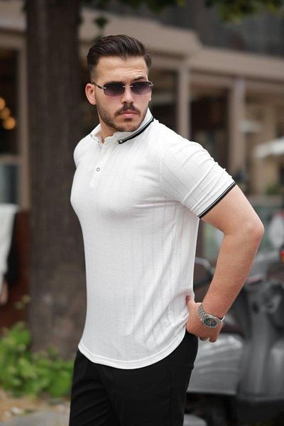 Aymood Men's Button Collar Jacquard Fabric Short Sleeve T-Shirt