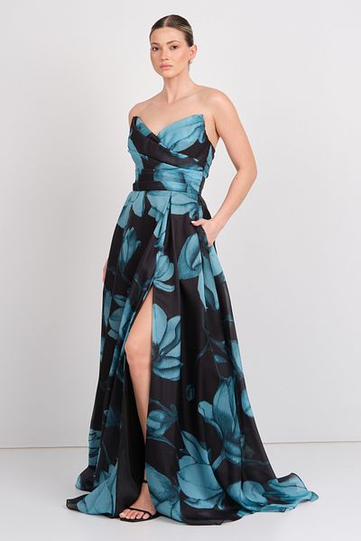 ŞEREF VURAL Şeref Vural Women's Strapless Floral Patterned Maxi Evening Dress 8381 Petrol