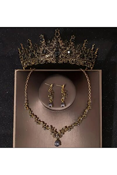 Yıldız Accessory Zirkon Taşlı Işıl Işıl Lüks Gelin Tacı Kolye Küpe Taç Seti D...