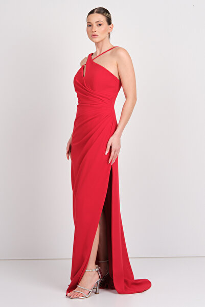 ŞEREF VURAL Şeref Vural Women's Halter Neck Crepe Fabric Maxi Evening Dress 8310 Red