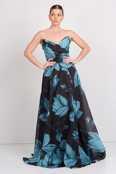 ŞEREF VURAL Şeref Vural Women's Strapless Floral Patterned Maxi Evening Dress 8381 Petrol