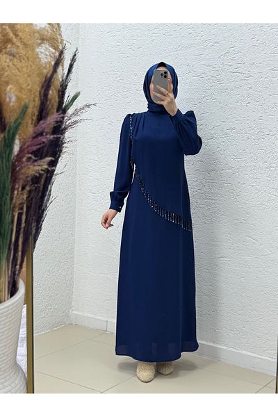 MİHRA STORE Vedina Stones Tassel Crepe Dress-Ge1135 Navy Blue