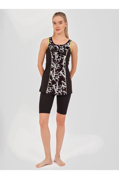 ALFASA Patterned Piping Decorated Strap Semi-Closed Swimsuit - Black -