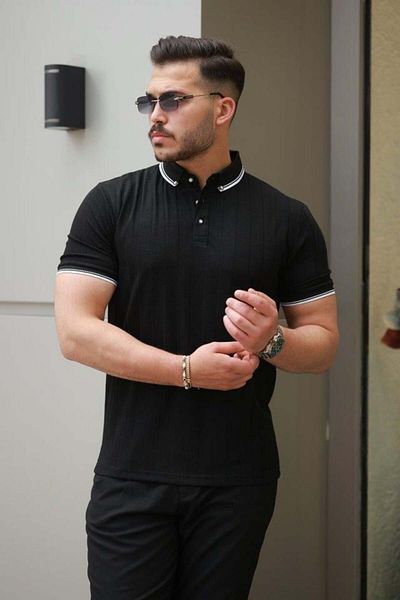 Aymood Men's Button Collar Jacquard Fabric Short Sleeve T-Shirt