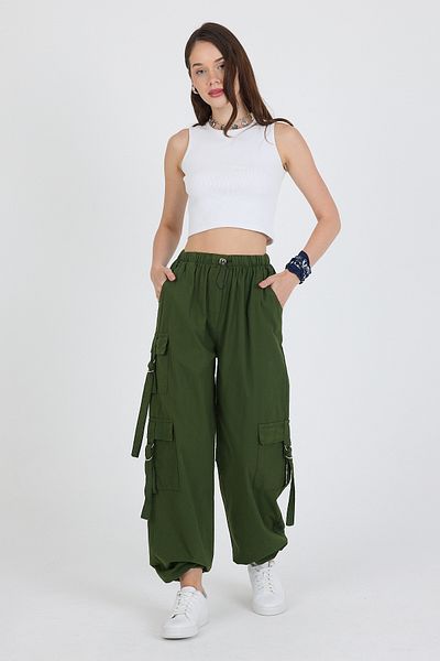 Rodi Elastic Waist 3 Pocket Buckle 100% Cotton Cargo Pocket Women's Trousers 1447