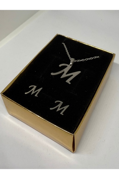 Gulsah's Store 316L Çelik silver M harfli kolye ve küpe seti