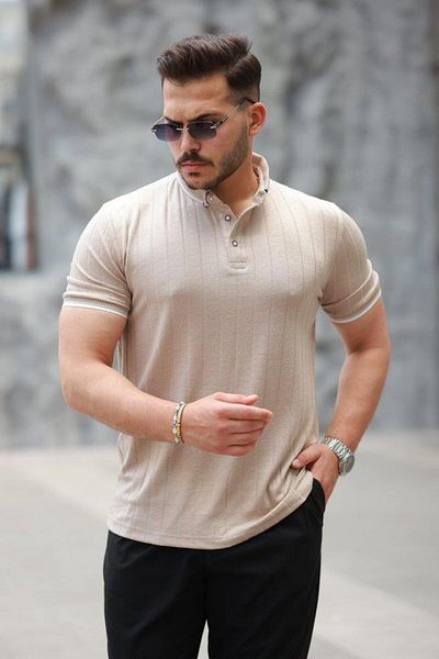 Aymood Men's Button Collar Jacquard Fabric Short Sleeve T-Shirt