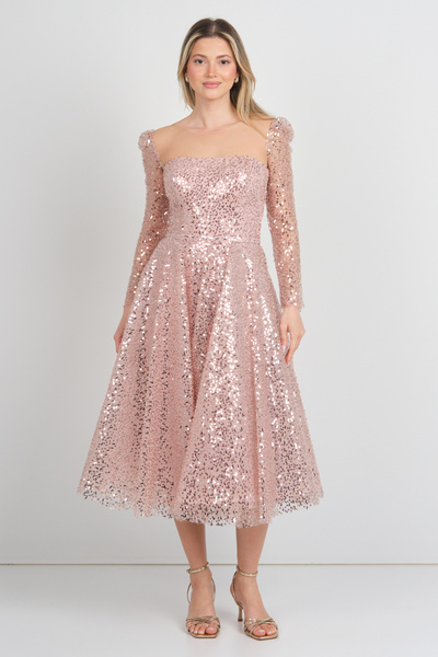 ÖMÜR INN فستان سهرة نسائي من Ömür Inn بأكمام طويلة وترتر كامل 3024 بودرة