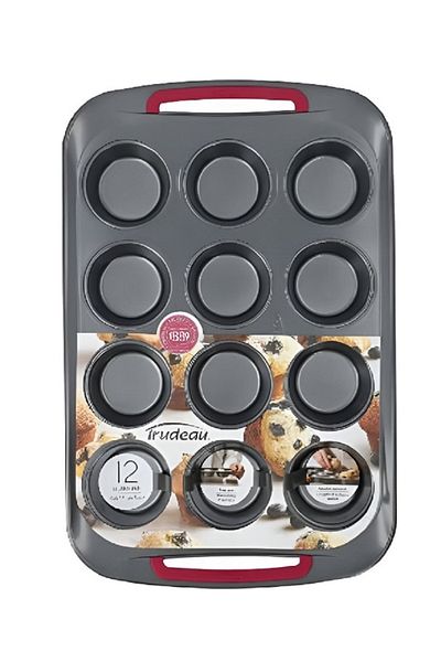 Trudeau 12-Cavity Non-Stick Muffin Tray – Rectangular Carbon Steel Baking Pan, Grey