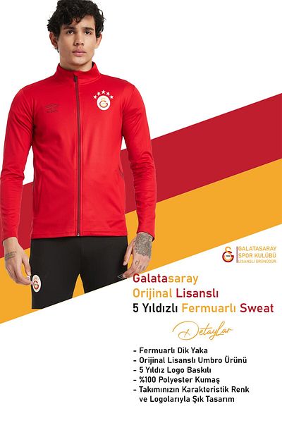 Galatasaray Original Licensed Umbro 5 Star Zip Red Sweat Stand Collar